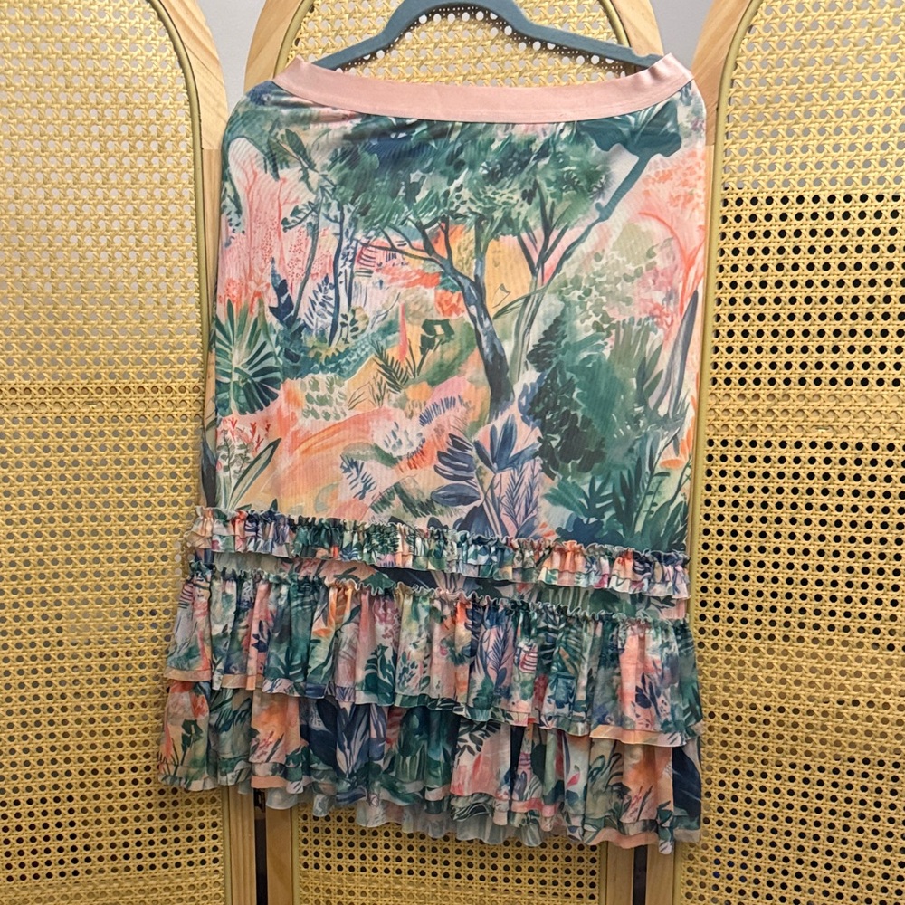 Maeve Anthropologie Mesh Floral Ruffle Tiered Skirt - Pink & Green